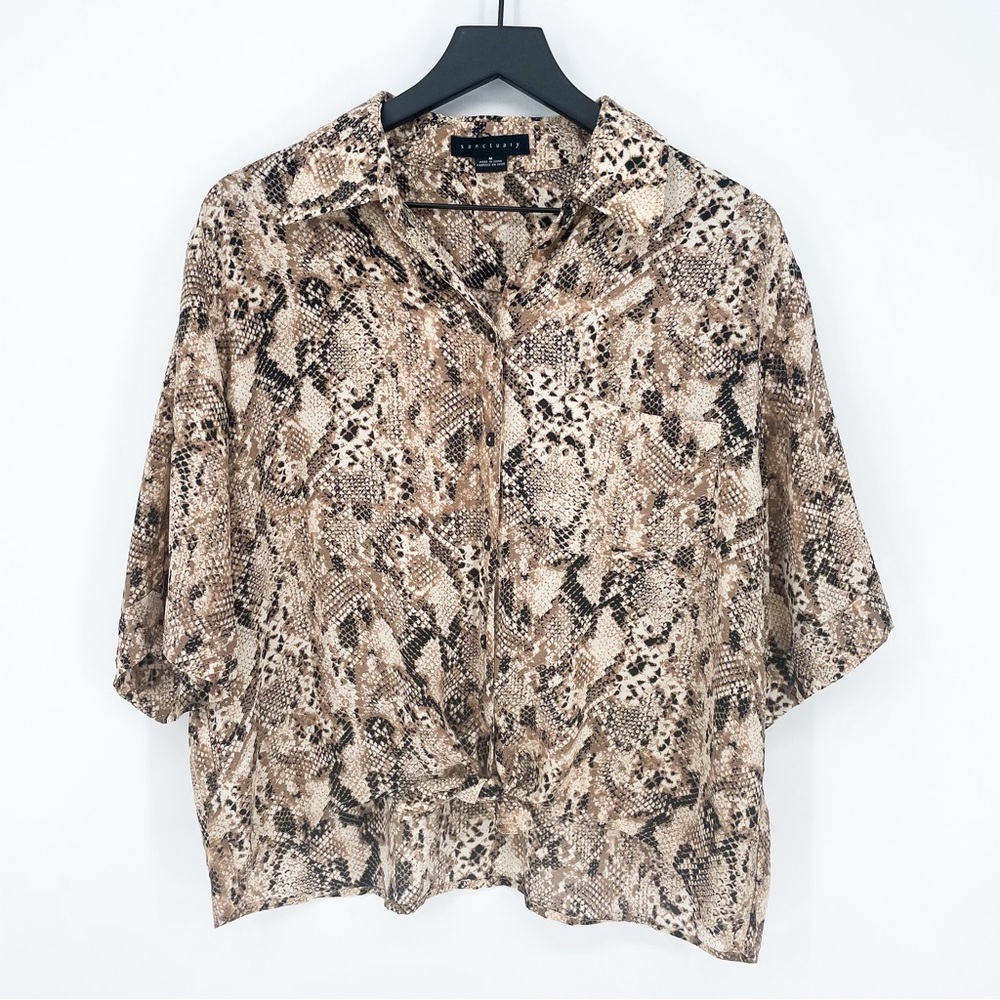Sanctuary Snakeskin Boxy Front Tie Button Down Blouse Brown Medium - Picture 2 of 9